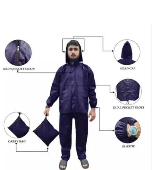 Polyester Full Sleeves Rainsuit Set for Men (Navy Blue, M)